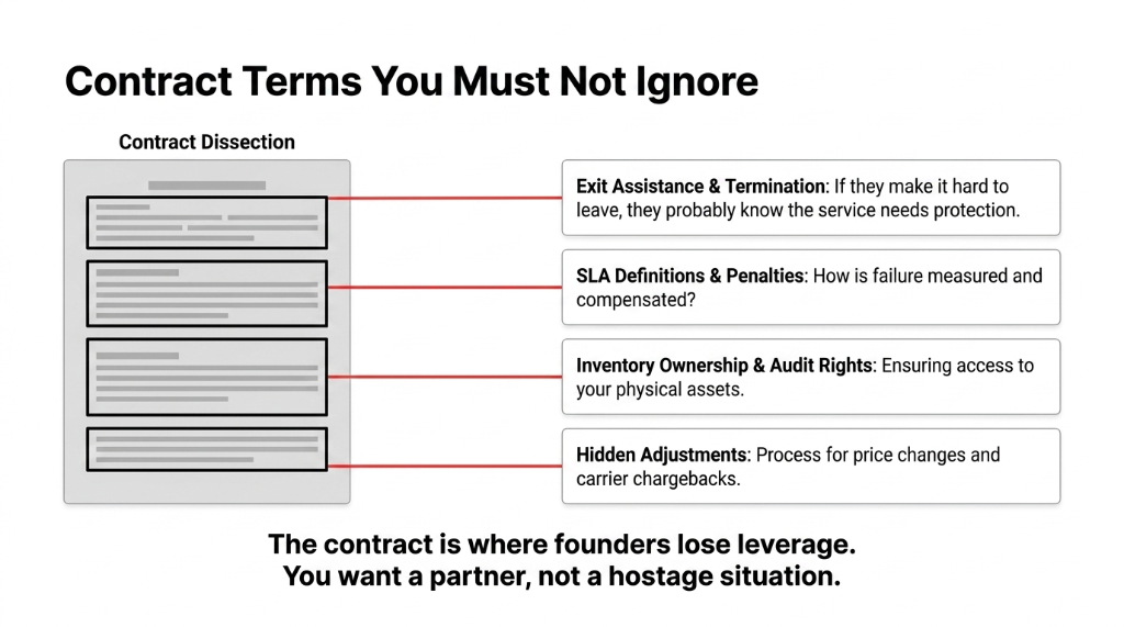 Contract Terms You Must Not Ignore. Contract dissection showing four critical clauses: Exit Assistance and Termination, SLA Definitions and Penalties, Inventory Ownership and Audit Rights, and Hidden Adjustments for price changes and carrier chargebacks. The contract is where founders lose leverage. You want a partner not a hostage situation.