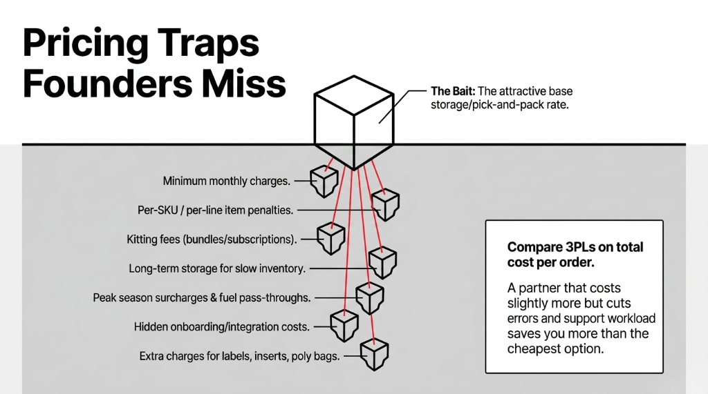 Pricing Traps Founders Miss. The Bait is the attractive base storage and pick-and-pack rate. Hidden costs cascade below: minimum monthly charges, per-SKU penalties, kitting fees, long-term storage, peak season surcharges, fuel pass-throughs, hidden onboarding costs, and extra charges for labels inserts and poly bags. Compare 3PLs on total cost per order.