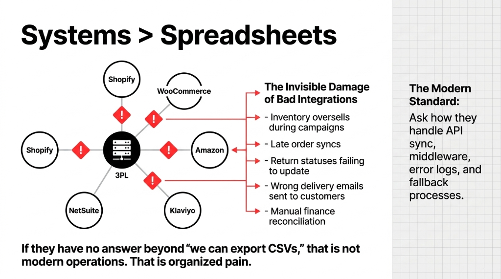 Systems over Spreadsheets. 3PL connected to Shopify WooCommerce Amazon NetSuite and Klaviyo with warning signs showing invisible damage of bad integrations: inventory oversells during campaigns, late order syncs, return statuses failing to update, wrong delivery emails sent to customers, and manual finance reconciliation.