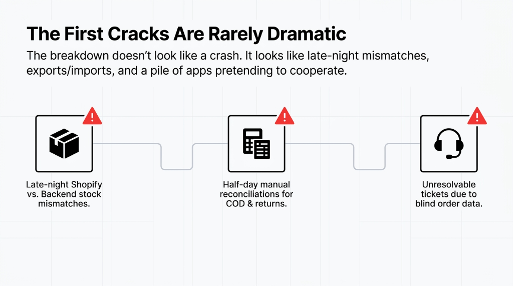 The first cracks are rarely dramatic. Late-night Shopify vs backend stock mismatches. Half-day manual reconciliations for COD and returns. Unresolvable tickets due to blind order data.