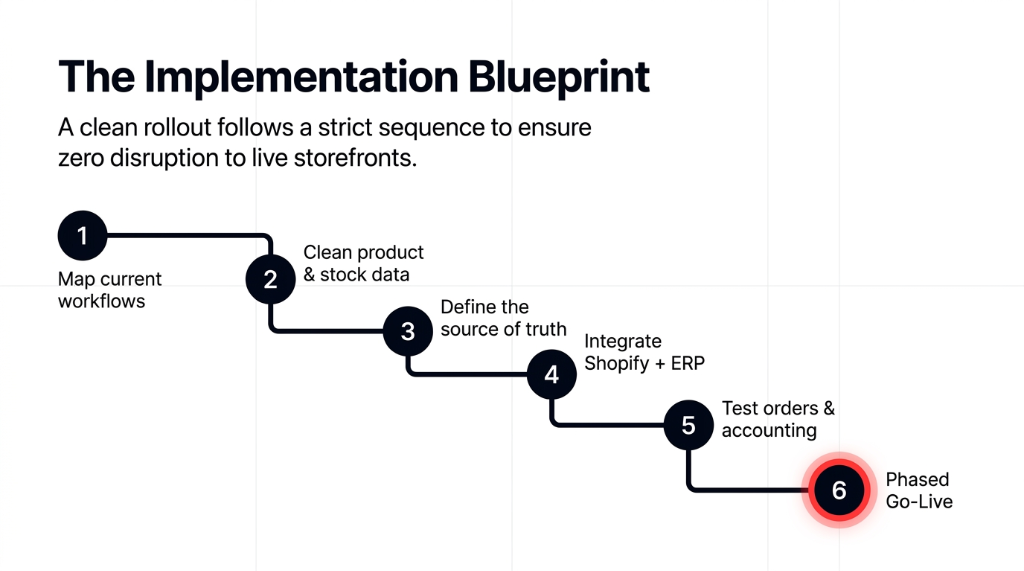 The Implementation Blueprint. A clean rollout follows a strict sequence to ensure zero disruption to live storefronts. Step 1 Map current workflows. Step 2 Clean product and stock data. Step 3 Define the source of truth. Step 4 Integrate Shopify plus ERP. Step 5 Test orders and accounting. Step 6 Phased Go-Live.