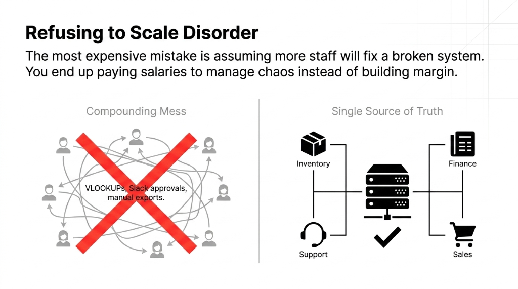 Refusing to Scale Disorder. The most expensive mistake is assuming more staff will fix a broken system. You end up paying salaries to manage chaos instead of building margin. Compounding Mess with VLOOKUPs Slack approvals manual exports versus Single Source of Truth connecting Inventory Finance Support and Sales.