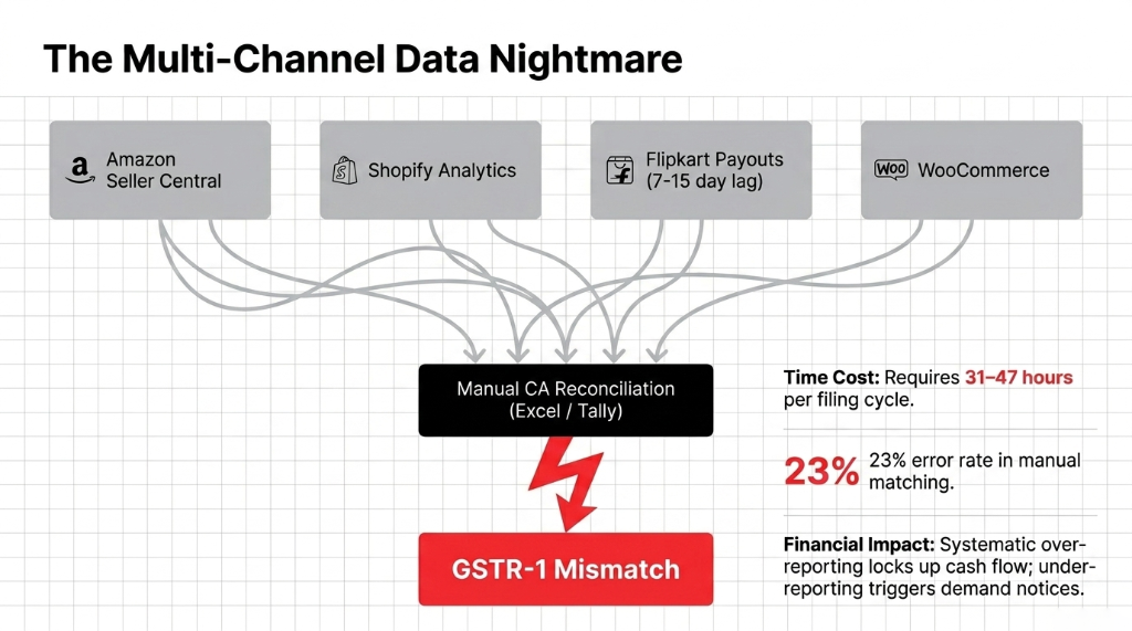 The Multi-Channel Data Nightmare. Amazon Seller Central, Shopify Analytics, Flipkart Payouts with 7 to 15 day lag, and WooCommerce all feed into Manual CA Reconciliation using Excel and Tally, resulting in GSTR-1 Mismatch. Time cost 31 to 47 hours per filing cycle. 23 percent error rate in manual matching.