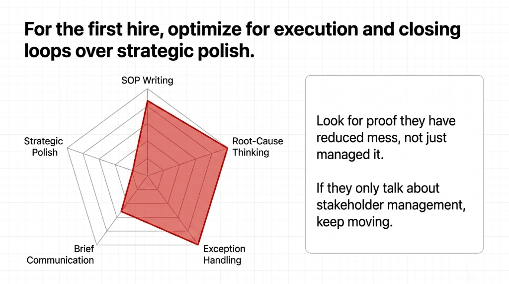 For the first hire, optimize for execution and closing loops over strategic polish. Radar chart showing five skill axes: SOP Writing, Root-Cause Thinking, Exception Handling, Brief Communication, and Strategic Polish. The ideal first hire scores high on execution skills and lower on strategic polish. Look for proof they have reduced mess, not just managed it.