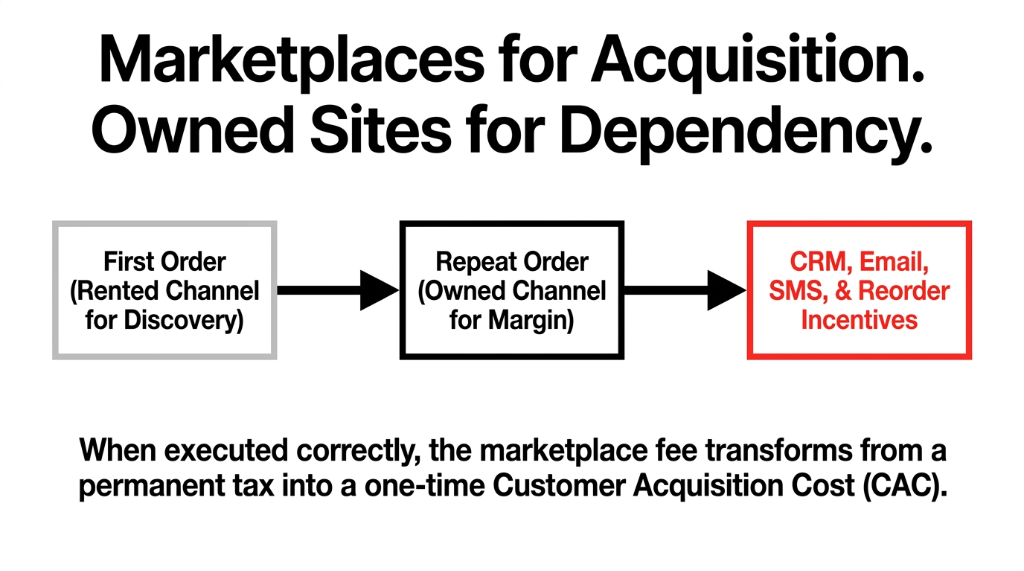 Marketplaces for Acquisition. Owned Sites for Dependency. First Order (Rented Channel for Discovery) leads to Repeat Order (Owned Channel for Margin) leads to CRM, Email, SMS, and Reorder Incentives. When executed correctly, the marketplace fee transforms from a permanent tax into a one-time Customer Acquisition Cost (CAC).