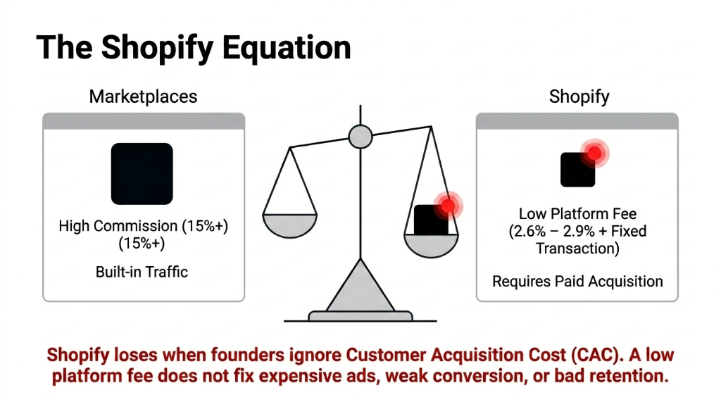 The Shopify Equation. Scales comparison: Marketplaces have high commission (15%+) and built-in traffic. Shopify has low platform fee (2.6% - 2.9% + Fixed Transaction) but requires paid acquisition. Shopify loses when founders ignore Customer Acquisition Cost (CAC). A low platform fee does not fix expensive ads, weak conversion, or bad retention.