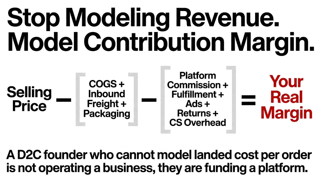 Stop Modeling Revenue. Model Contribution Margin. Selling Price minus COGS plus Inbound Freight plus Packaging minus Platform Commission plus Fulfillment plus Ads plus Returns plus CS Overhead equals Your Real Margin. A D2C founder who cannot model landed cost per order is not operating a business, they are funding a platform.