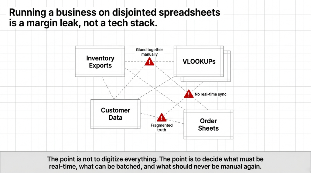 Running a business on disjointed spreadsheets is a margin leak not a tech stack. Inventory exports, VLOOKUPs, customer data, and order sheets glued together manually with no real-time sync and fragmented truth.