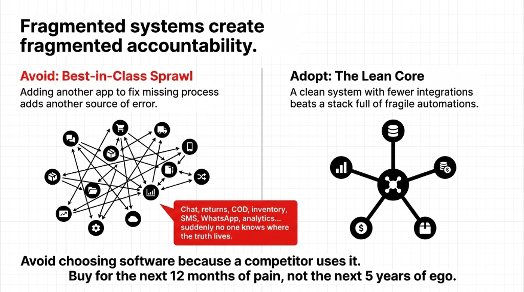 Fragmented systems create fragmented accountability. Avoid best-in-class sprawl where adding another app adds another source of error. Adopt the lean core with fewer integrations that beats a stack full of fragile automations.