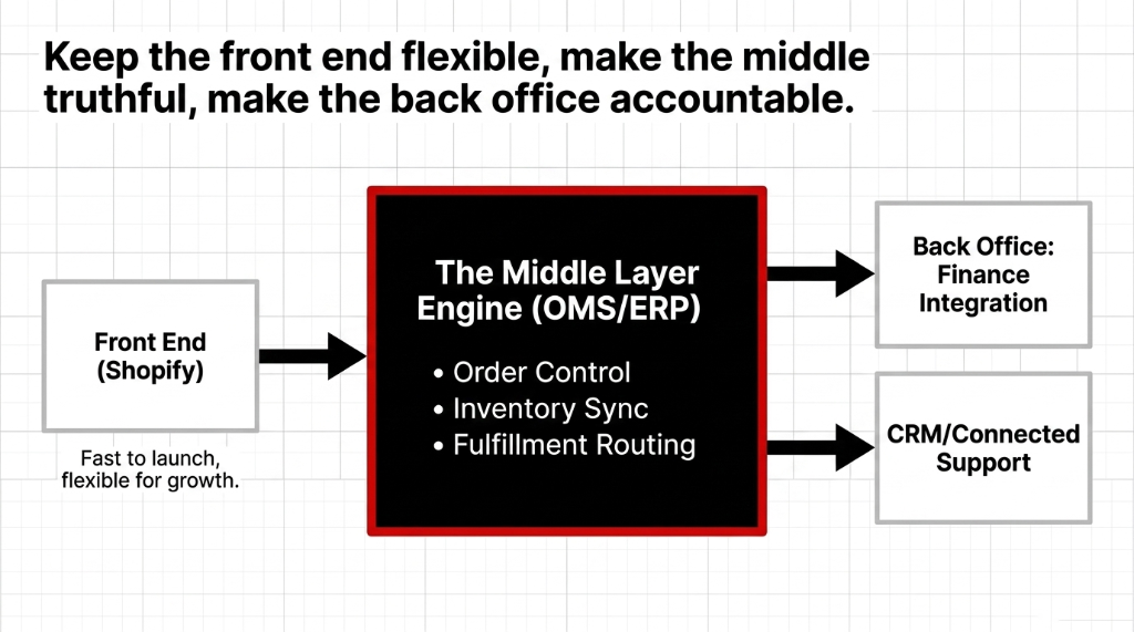 Keep the front end flexible make the middle truthful make the back office accountable. Architecture showing Shopify front end flowing to The Middle Layer Engine OMS ERP handling Order Control Inventory Sync and Fulfillment Routing then connecting to Back Office Finance Integration and CRM Connected Support.