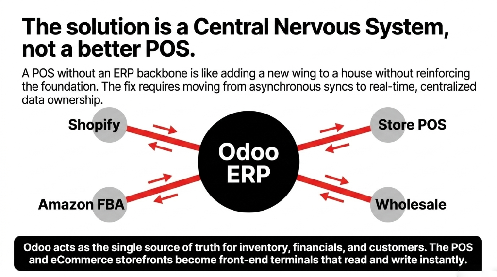 The solution is a Central Nervous System not a better POS - A POS without an ERP backbone is like adding a new wing to a house without reinforcing the foundation - The fix requires moving from asynchronous syncs to real-time centralized data ownership - Odoo ERP at center connected to Shopify Store POS Amazon FBA and Wholesale as the single source of truth for inventory financials and customers