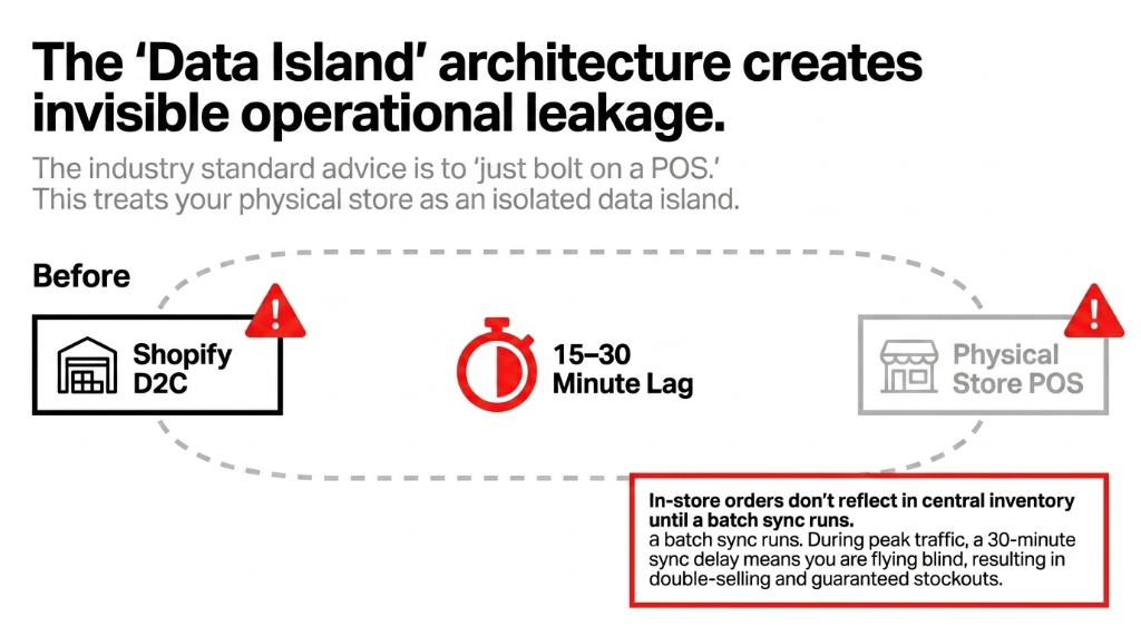 The Data Island architecture creates invisible operational leakage - The industry standard advice is to just bolt on a POS - This treats your physical store as an isolated data island - Before diagram showing Shopify D2C with 15-30 minute lag to Physical Store POS - In-store orders do not reflect in central inventory until a batch sync runs resulting in double-selling and guaranteed stockouts