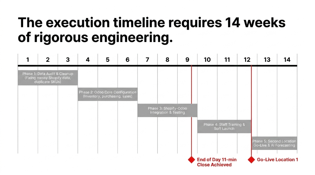 The execution timeline requires 14 weeks of rigorous engineering - Phase 1 Data Audit and Cleanup fixing messy Shopify data and duplicate SKUs in weeks 1-3 - Phase 2 Odoo Core Configuration for inventory purchasing and sales in weeks 4-6 - Phase 3 Shopify-Odoo Integration and Testing in weeks 7-9 with end of day 11-min close achieved - Phase 4 Staff Training and Soft Launch in weeks 10-12 with Go-Live Location 1 - Phase 5 Second Location Go-Live and AI Forecasting in weeks 13-14