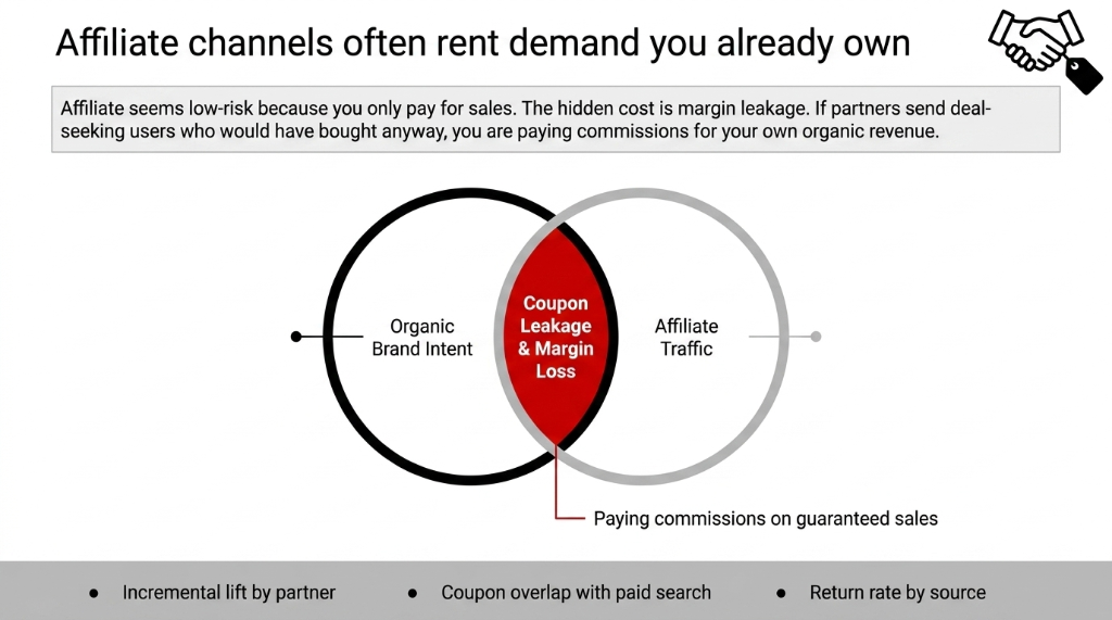 Affiliate channels often rent demand you already own. Venn diagram showing organic brand intent overlapping with affiliate traffic, creating coupon leakage and margin loss in the overlap zone. You are paying commissions on guaranteed sales. Track incremental lift by partner, coupon overlap with paid search, and return rate by source.