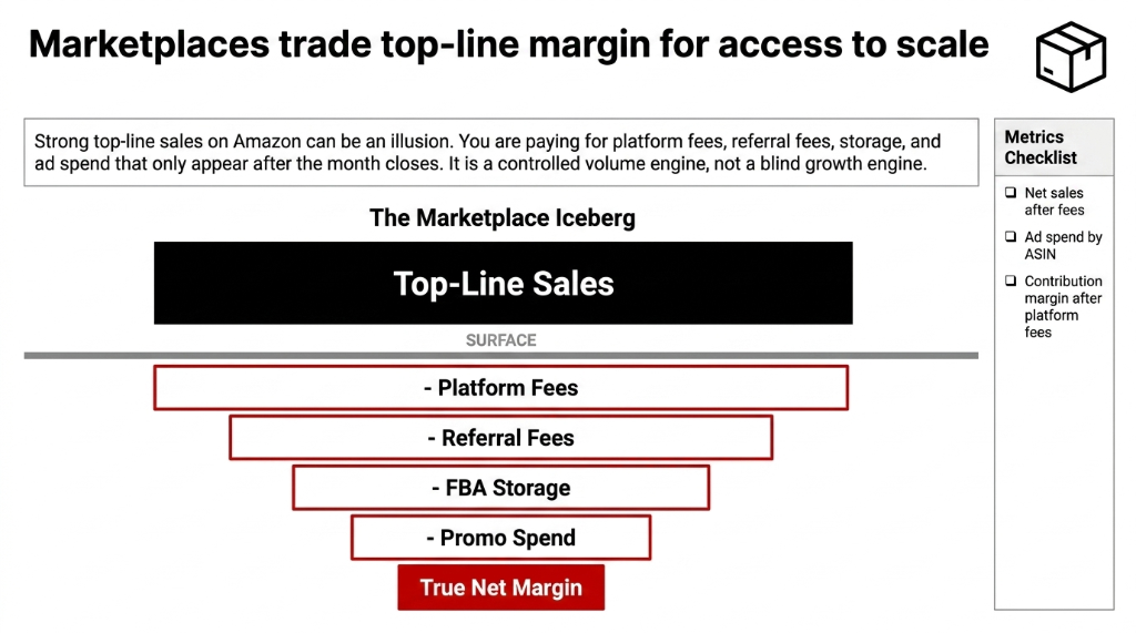 Marketplaces trade top-line margin for access to scale. The Marketplace Iceberg shows top-line sales above the surface with platform fees, referral fees, FBA storage, and promo spend hidden below. Metrics checklist: net sales after fees, ad spend by ASIN, contribution margin after platform fees.