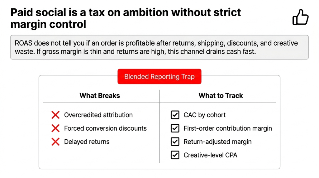 Paid social is a tax on ambition without strict margin control. ROAS does not tell you if an order is profitable after returns, shipping, discounts, and creative waste. Blended Reporting Trap shows what breaks: overcredited attribution, forced conversion discounts, delayed returns. What to track: CAC by cohort, first-order contribution margin, return-adjusted margin, creative-level CPA.