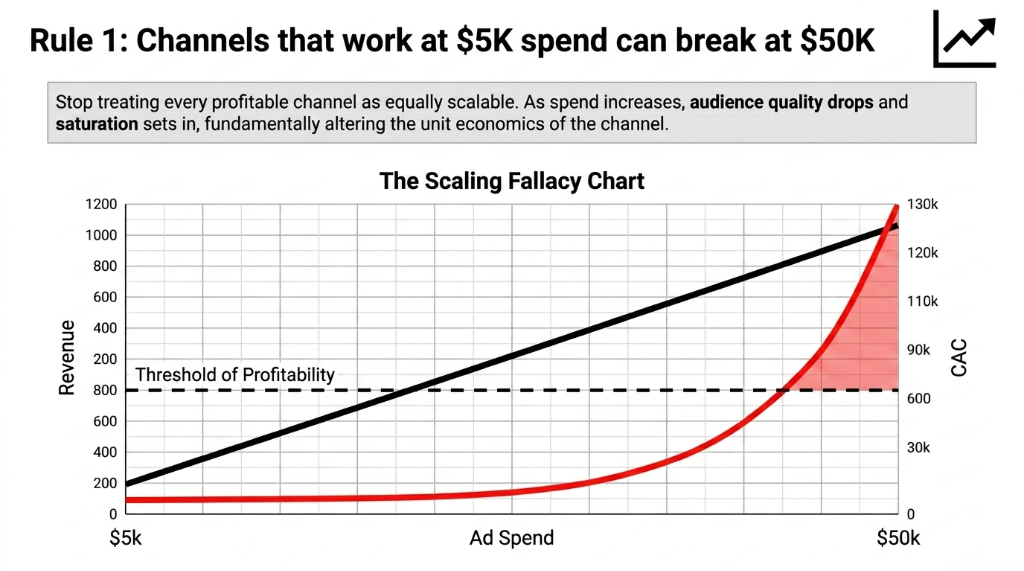 Rule 1: Channels that work at $5K spend can break at $50K. The Scaling Fallacy Chart shows revenue growing linearly as ad spend increases from $5k to $50k, but CAC curve explodes exponentially past the threshold of profitability. As spend increases, audience quality drops and saturation sets in, fundamentally altering the unit economics of the channel.