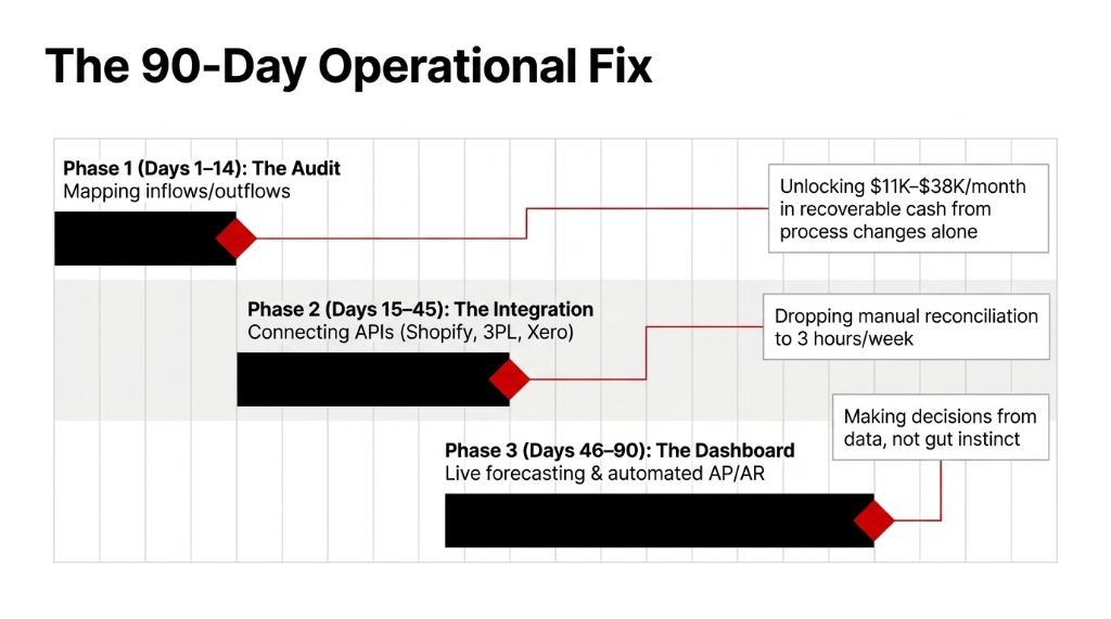 The 90-Day Operational Fix. Phase 1 Days 1 to 14 The Audit mapping inflows and outflows unlocking $11K to $38K per month in recoverable cash from process changes alone. Phase 2 Days 15 to 45 The Integration connecting APIs for Shopify, 3PL, and Xero dropping manual reconciliation to 3 hours per week. Phase 3 Days 46 to 90 The Dashboard with live forecasting and automated AP and AR making decisions from data not gut instinct.