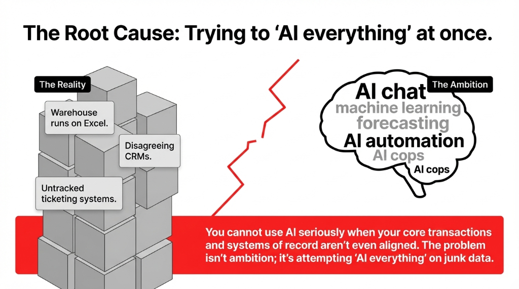 The Root Cause: Trying to AI everything at once. Left side shows The Reality with warehouse runs on Excel, disagreeing CRMs, and untracked ticketing systems stacked as broken blocks. Right side shows The Ambition as a thought bubble filled with AI chat, machine learning, forecasting, AI automation, and AI copilots. A red crack separates them. You cannot use AI seriously when your core transactions and systems of record are not even aligned. The problem is not ambition. It is attempting AI everything on junk data.