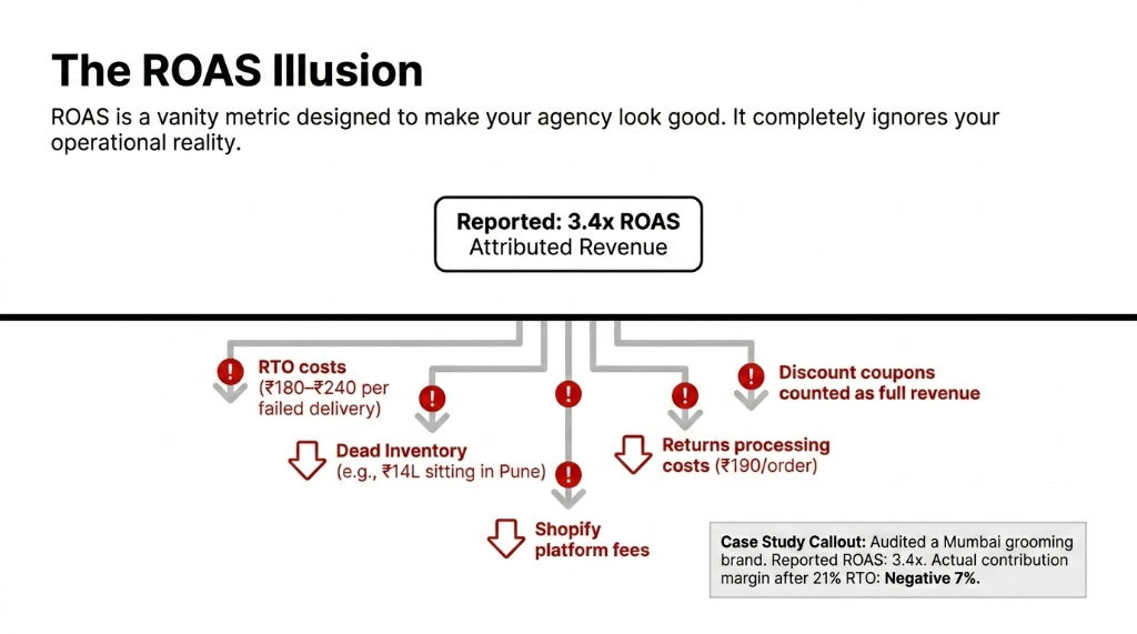 The ROAS Illusion - ROAS is a vanity metric designed to make your agency look good - reported 3.4x ROAS attributed revenue hides RTO costs at 180-240 per failed delivery dead inventory 14L sitting in Pune Shopify platform fees returns processing costs at 190 per order discount coupons counted as full revenue - case study audited Mumbai grooming brand actual contribution margin after 21% RTO was negative 7%