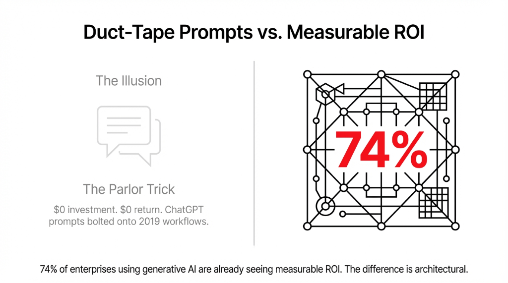 Duct-Tape Prompts vs. Measurable ROI. Left side shows The Illusion - The Parlor Trick with $0 investment and $0 return from ChatGPT prompts bolted onto 2019 workflows. Right side shows 74 percent of enterprises using generative AI are already seeing measurable ROI. The difference is architectural.