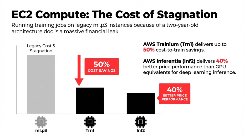 EC2 Compute: The Cost of Stagnation. Running training jobs on legacy ml.p3 instances because of a two-year-old architecture doc is a massive financial leak. A bar chart shows Legacy Cost & Stagnation as the highest gray bar for ml.p3. A red arrow points down to a lower black bar for Trn1 showing 50% Cost Savings. Text says AWS Trainium (Trn1) delivers up to 50% cost-to-train savings. Another black bar for Inf2 shows 40% Better Price Performance. Text says AWS Inferentia (Inf2) delivers 40% better price performance than GPU equivalents for deep learning inference.