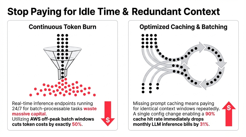 Stop Paying for Idle Time and Redundant Context. Two comparison panels. Left panel labeled Continuous Token Burn shows a funnel dropping red token dots constantly at a high volume with a down arrow indicating massive capital waste: Real-time inference endpoints running 24/7 for batch-processable tasks waste massive capital. Utilizing AWS off-peak batch windows cuts token costs by exactly 50%. Right panel labeled Optimized Caching & Batching shows tokens flowing in circular, efficient paths with an up arrow indicating a 31% bill drop: Missing prompt caching means paying for identical context windows repeatedly. A single config change enabling a 90% cache hit rate immediately drops monthly LLM inference bills by 31%.