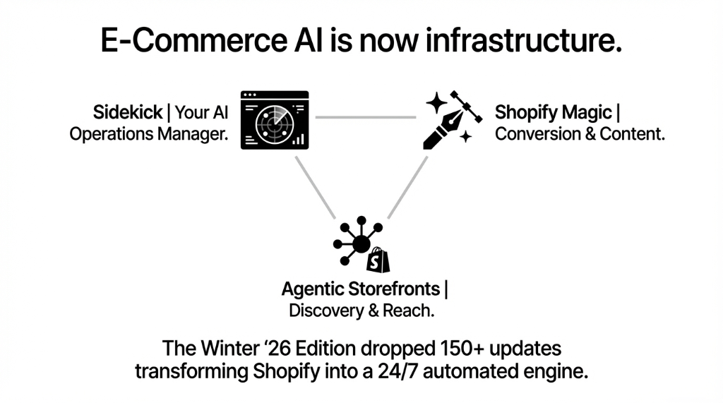E-Commerce AI is now infrastructure. A triangle diagram connecting three components. Top left: Sidekick, your AI Operations Manager, shown with a radar icon. Top right: Shopify Magic for Conversion and Content, shown with a wand icon. Bottom: Agentic Storefronts for Discovery and Reach, shown with a shopping agent icon. Text below: The Winter 26 Edition dropped 150 plus updates transforming Shopify into a 24/7 automated engine.