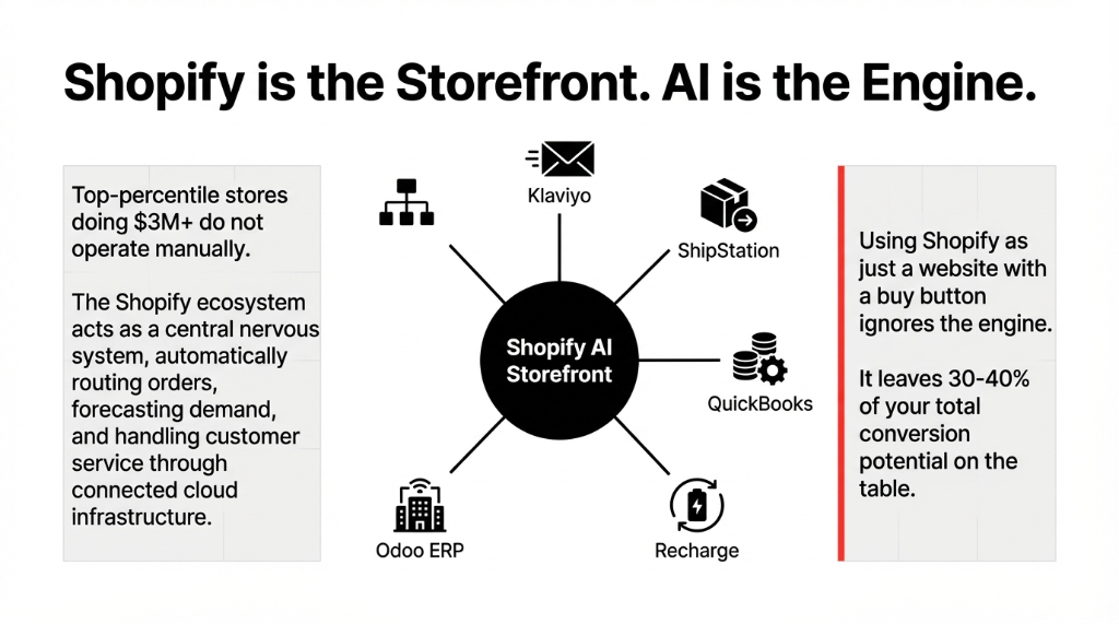 Shopify is the Storefront. AI is the Engine. A hub-and-spoke diagram with Shopify AI Storefront in the center circle, connected to Klaviyo (email icon), ShipStation (package icon), QuickBooks (document icon), Odoo ERP (building icon), and Recharge (subscription icon). Left callout: Top-percentile stores doing $3M+ do not operate manually. The Shopify ecosystem acts as a central nervous system, automatically routing orders, forecasting demand, and handling customer service through connected cloud infrastructure. Right callout with red border: Using Shopify as just a website with a buy button ignores the engine. It leaves 30 to 40 percent of your total conversion potential on the table.