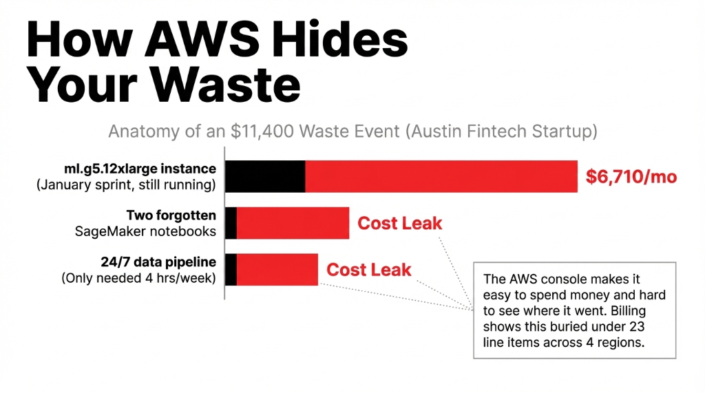 How AWS Hides Your Waste. Anatomy of an $11,400 Waste Event at an Austin Fintech Startup. Three horizontal bar charts. First: ml.g5.12xlarge instance from a January sprint still running, costing $6,710 per month shown as the largest bar. Second: Two forgotten SageMaker notebooks labeled Cost Leak. Third: A 24/7 data pipeline that only needed 4 hours per week also labeled Cost Leak. Callout box: The AWS console makes it easy to spend money and hard to see where it went. Billing shows this buried under 23 line items across 4 regions.