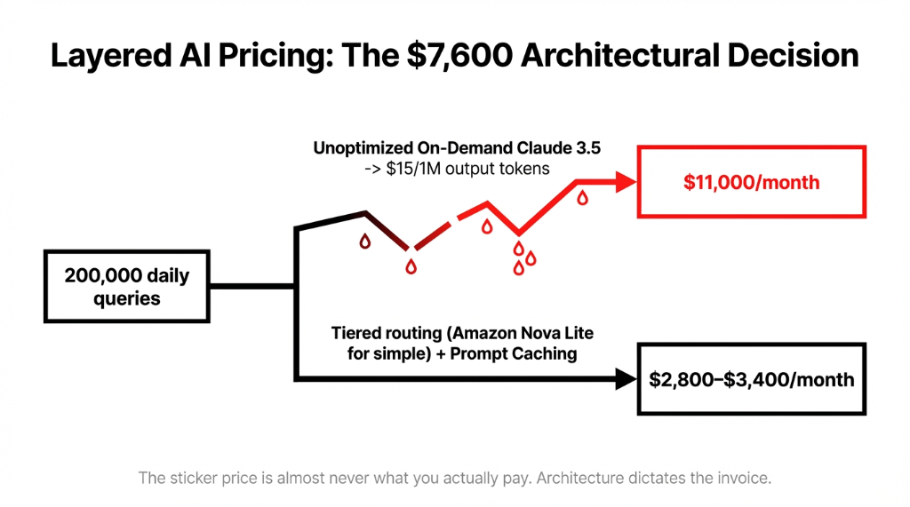 Layered AI Pricing: The $7,600 Architectural Decision. A flow diagram starting with 200,000 daily queries splitting into two paths. Top path shows Unoptimized On-Demand Claude 3.5 at $15 per 1M output tokens leading to a red-bordered box reading $11,000 per month. Bottom path shows Tiered routing using Amazon Nova Lite for simple queries plus Prompt Caching leading to a black-bordered box reading $2,800 to $3,400 per month. Bottom text: The sticker price is almost never what you actually pay. Architecture dictates the invoice.