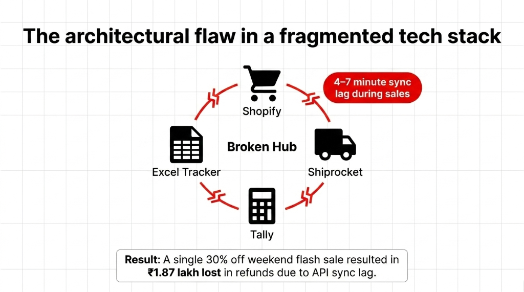 Diagram showing architectural flaw in fragmented baby D2C tech stack with Shopify Shiprocket Tally Excel tracker broken hub causing 4 to 7 minute sync lag during sales and 2226 dollar refund losses