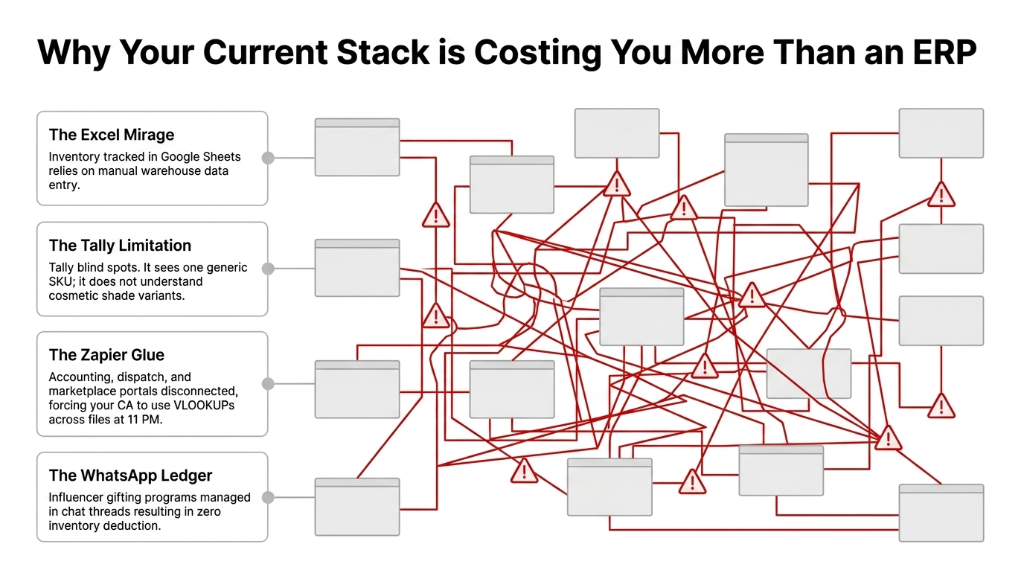 Why your current stack of Excel, Tally, Zapier, and WhatsApp is costing Indian beauty brands more than an ERP - disconnected systems creating operational chaos with error-prone manual data entry, shade variant blind spots, and untracked inventory deductions