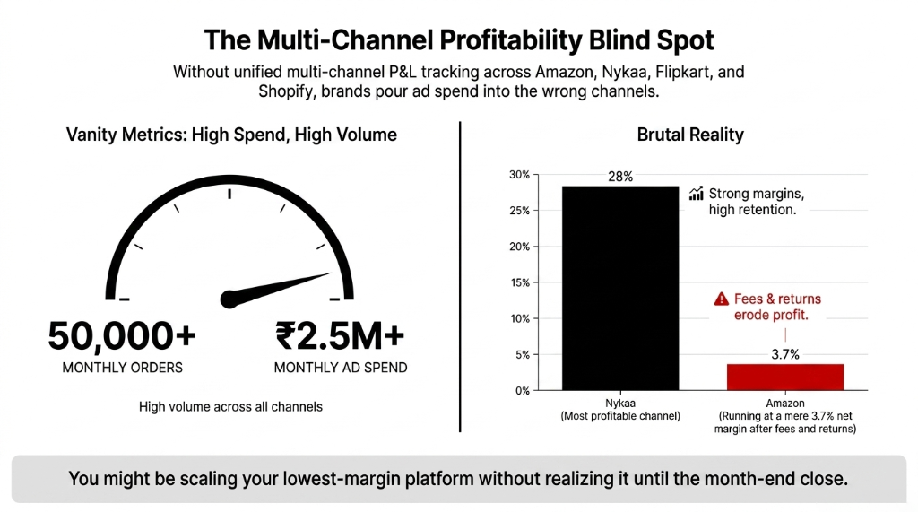 Multi-channel profitability blind spot for Indian beauty brands - comparing vanity metrics of 50,000+ monthly orders and high ad spend against brutal reality showing Nykaa at 28% margin versus Amazon at only 3.7% net margin after marketplace fees and returns