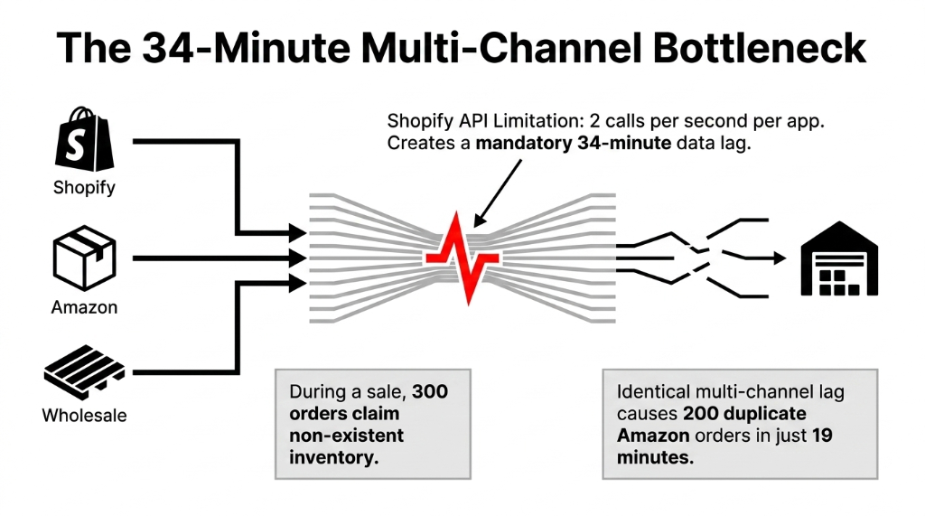 The 34-minute multi-channel bottleneck in cosmetics D2C operations - diagram showing Shopify API limitation of 2 calls per second creating mandatory 34-minute data lag across Shopify Amazon and Wholesale channels causing 300 phantom orders and 200 duplicate Amazon orders in 19 minutes