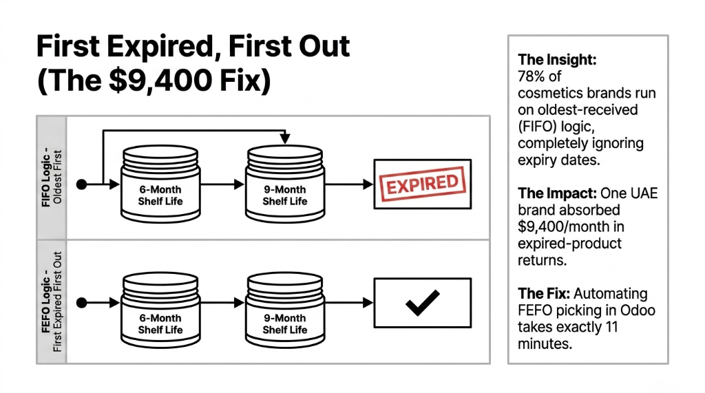 First Expired First Out FEFO versus FIFO logic for cosmetics manufacturing - diagram comparing FIFO oldest-received logic that ships 6-month shelf life before 9-month causing expired returns versus FEFO first-expiry logic that eliminated $9,400 per month in expired-product returns with 11-minute Odoo configuration