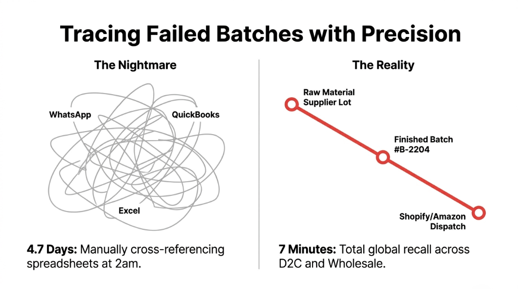 Tracing failed cosmetics batches with precision - comparison showing the nightmare of 4.7 days manually cross-referencing WhatsApp QuickBooks and Excel spreadsheets at 2am versus ERP reality of 7-minute total global recall tracing raw material supplier lot to finished batch to Shopify and Amazon dispatch