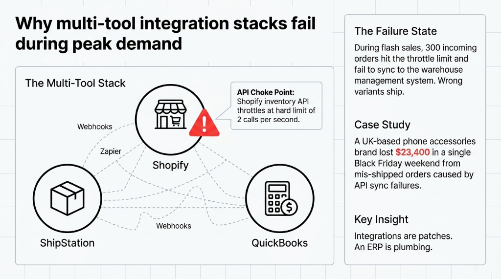 Why multi-tool integration stacks fail during peak demand showing Shopify ShipStation QuickBooks connected by webhooks and Zapier with API choke point at 2 calls per second causing 300 orders to miss sync and UK phone accessories brand losing 23400 dollars on Black Friday weekend