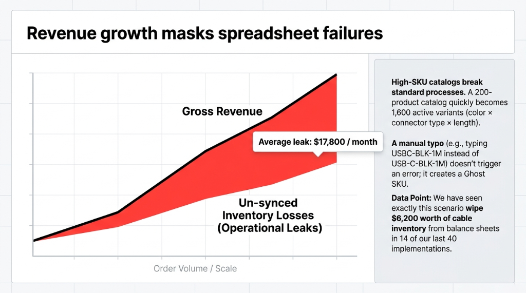 Revenue growth chart masking spreadsheet failures for electronics accessories D2C showing gross revenue rising while un-synced inventory operational leaks grow with average leak of 17800 dollars per month and ghost SKU from manual typo wiping 6200 dollars of cable inventory