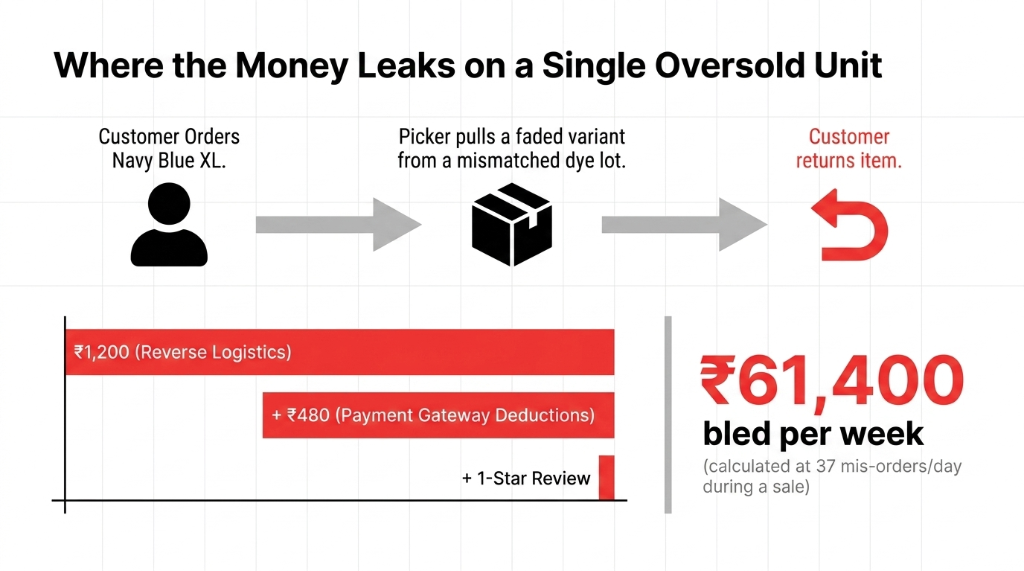 Where the money leaks on a single oversold fashion D2C unit - customer orders Navy Blue XL, picker pulls faded variant from mismatched dye lot, customer returns item costing $14.30 reverse logistics plus $5.70 payment gateway deductions plus 1-star review totalling $731 bled per week at 37 mis-orders per day during sale