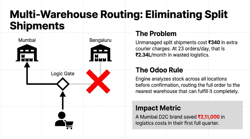 Multi-warehouse routing in Odoo ERP eliminating split shipments for fashion D2C brands - logic gate analyses stock across Mumbai and Bengaluru locations before confirmation routing full order to nearest warehouse saving $2,515 in logistics costs per quarter