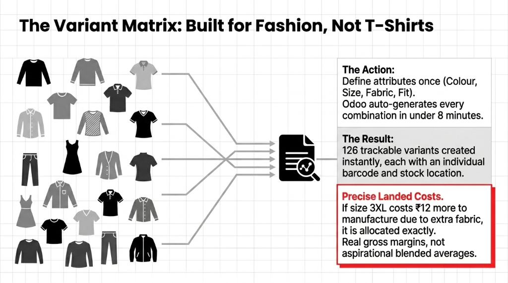 Odoo variant matrix for fashion D2C brands - define colour size fabric fit attributes once and auto-generate 126 trackable variants in under 8 minutes each with individual barcode stock location and precise landed costs for real gross margins not blended averages
