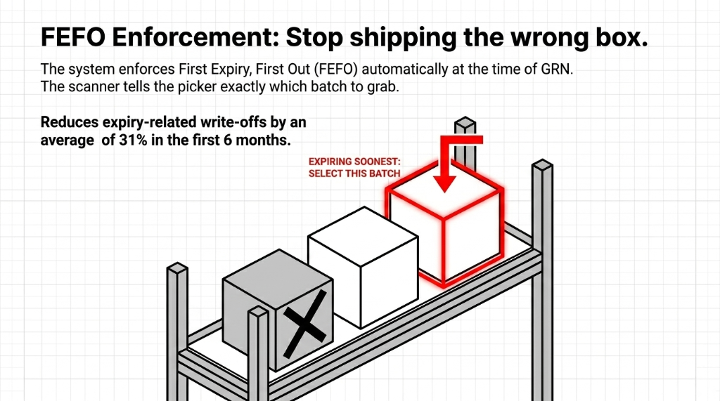 FEFO first expiry first out enforcement diagram showing automated batch selection for food D2C warehouse picking reducing expiry write-offs by 31 percent