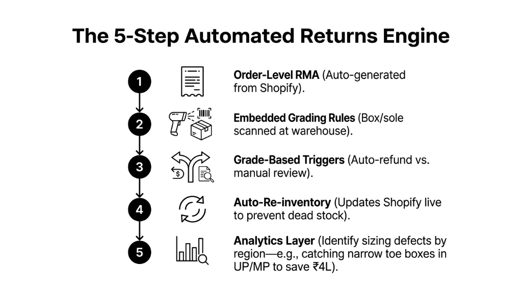 The 5-step automated returns engine in Odoo ERP for footwear D2C brands - Step 1 order-level RMA auto-generated from Shopify Step 2 embedded grading rules with box and sole scanned at warehouse Step 3 grade-based triggers for auto-refund versus manual review Step 4 auto-re-inventory updating Shopify live to prevent dead stock Step 5 analytics layer identifying sizing defects by region saving $4,760 in avoided returns