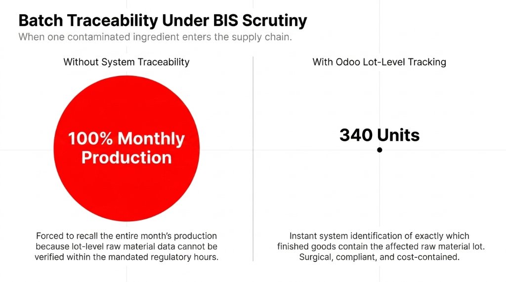 Batch traceability under BIS scrutiny for hair care brands - comparison showing without system traceability forcing recall of 100 percent monthly production because lot-level raw material data cannot be verified within mandated regulatory hours versus Odoo lot-level tracking identifying exactly 340 affected units for surgical compliant cost-contained recall