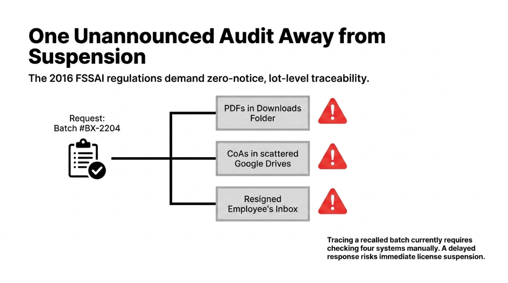 Diagram showing fragmented health supplement D2C operations running on Tally Shopify Google Sheets WhatsApp and custom apps with 17.3 percent subscription renewals failing silently
