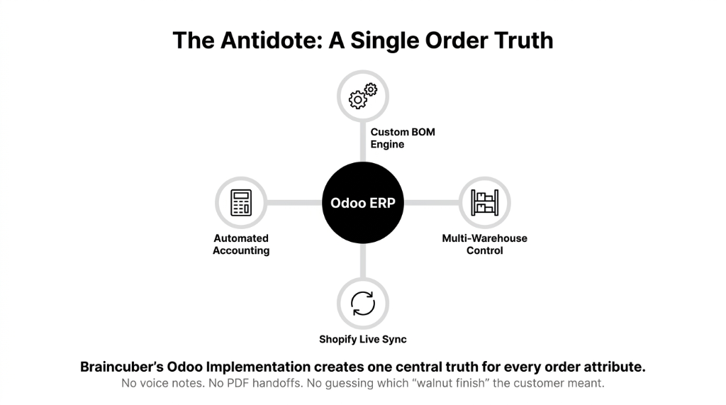Infographic showing Odoo ERP solving India-specific home decor D2C complexity with GST HSN auto-mapping 12 percent wood vs different rates fabric and artisan vendor portal replacing handwritten WhatsApp challans from Moradabad Jodhpur with digital purchase orders