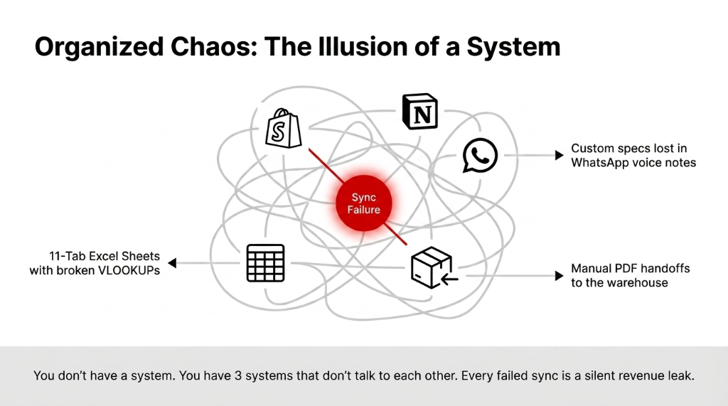 Organized chaos diagram showing home decor D2C brand with Shopify Notion WhatsApp Excel and manual PDF handoffs all failing to sync creating silent revenue leaks from 11-tab Excel sheets with broken VLOOKUPs