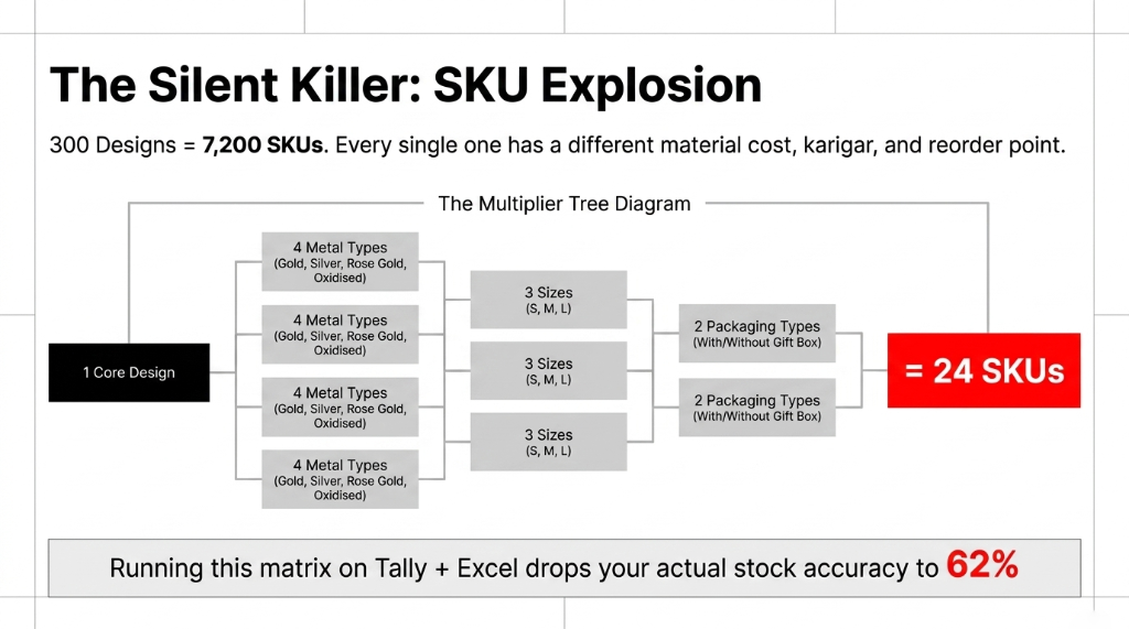 The silent killer SKU explosion in jewelry D2C - 1 core design multiplied by 4 metal types 3 sizes and 2 packaging types equals 24 SKUs per product times 300 designs equals 7,200 active SKUs managed on Tally plus Excel dropping actual stock accuracy to 62 percent
