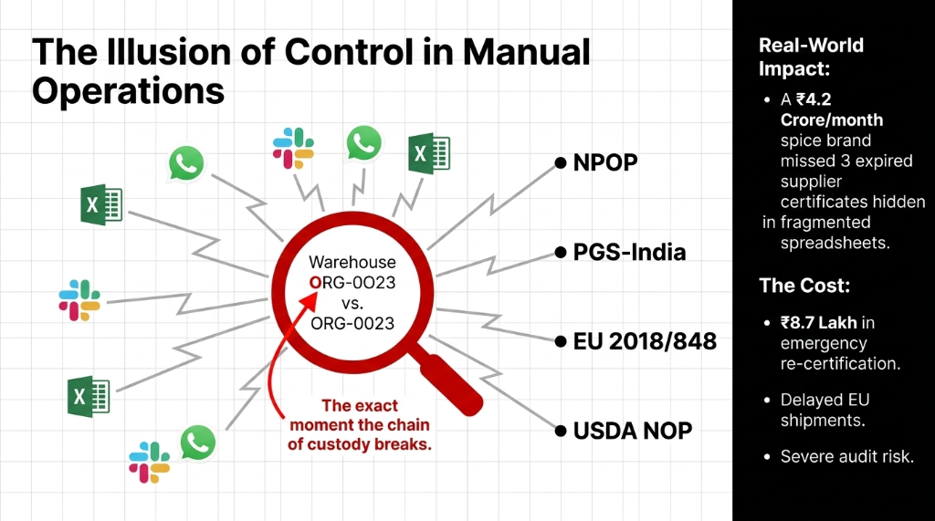 Diagram showing illusion of control in manual organic food operations with fragmented spreadsheets WhatsApp and broken chain of custody across NPOP PGS EU USDA certifications
